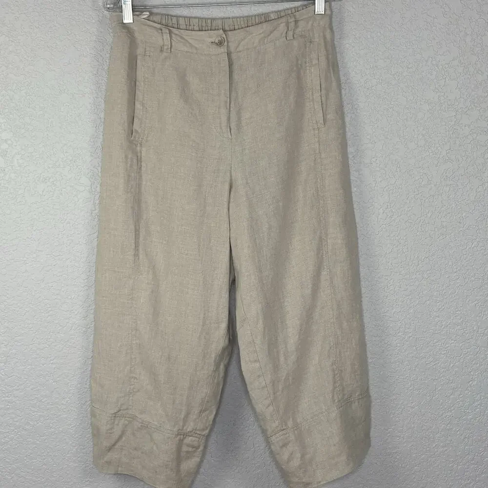 MASAI Pant Womens 100% Linen Wide Lantern Leg Crop Neutral Beige Size M